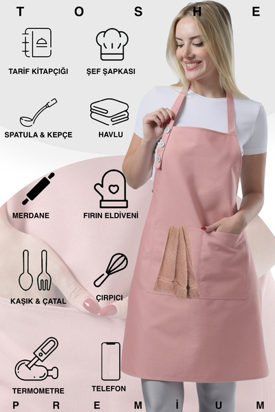 TOSHEX 2'li Mutfak Önlüğü Su Geçirmez Şef Önlüğü 2 Geniş Cepli Barista Önlüğü Mutfak Önlük Toz Pembe Önlük