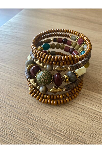 dela otantik El Yapımı Bohem Spiral Bileklik – Doğal Ahşap, Taş ve Metal Boncuklarla Etnik ve Vintage Tarz