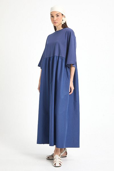 minaaise Navy Blue Top Combed Cotton Bottom Woven Oversize Long Dress 27258