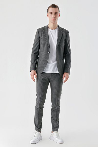 Morven Men's Gray Polyviscon Trend Striped Pattern Slim Fit Mono Collar Suit