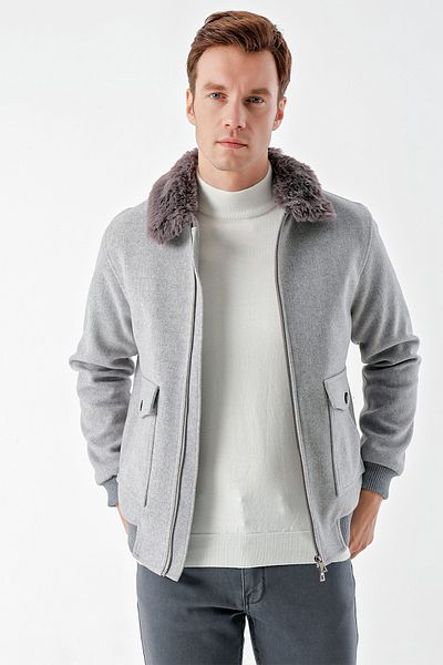 Morven Men's LIGHT GRAY Short Zipper Fur Collar Dynamic Fit Coat