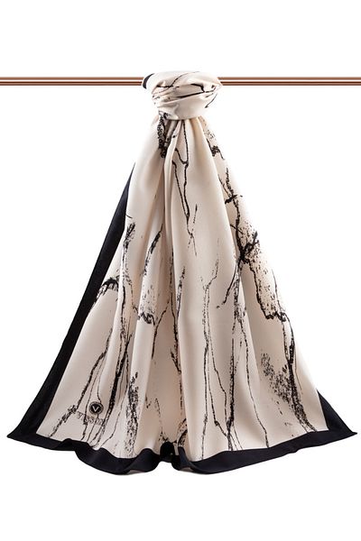 Vissona Luxury Medina Silk Marble Pattern Cream - Μαύρο Χρώμα 75x195 Χωρίς ζάρες Σάλι Moss Crepe Τύπος Ραπτικής Ιταλίας