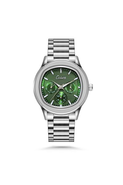 catera Men's silver steel watch with an olive dial