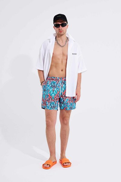 Machinist Men's Turquoise Batik Printed Watercolor Swim Shorts
