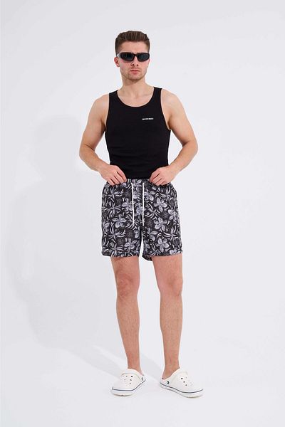 Machinist Men's Floral and Botanical Printed Black and White Swim Shorts