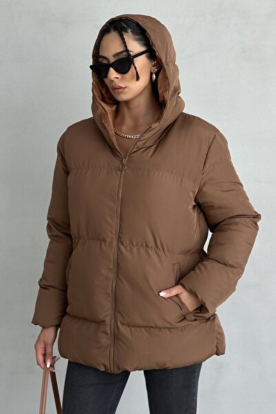 moda armanc Dámský hnědý kabát s kapucí