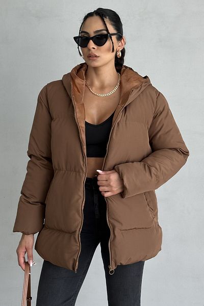 moda armanc Дамско кафяво пухено палто с качулка