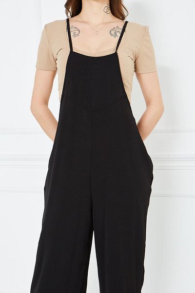 comstar Women's Summer Strap Loose Black Gardener Jumpsuit with Pockets