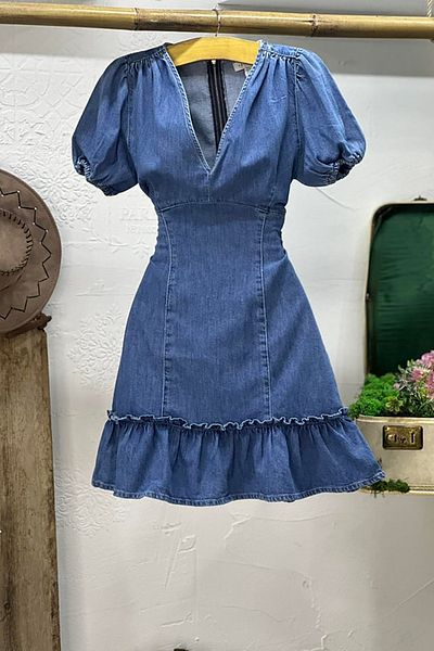 Neşeli Butik Women's Flywheel Skirt Puff Sleeve V-Neck Mini Denim Dress Nbnp006