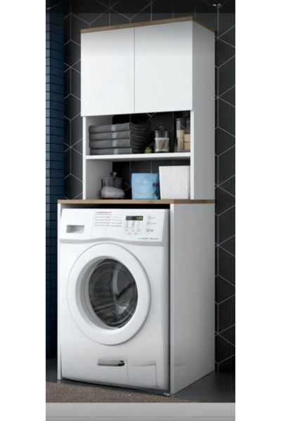 Dekoria Banyo Dolabı Beyaz, Çamaşır Makinesi Dolabı 3 Raflı Kapaklı, Banko Ceviz