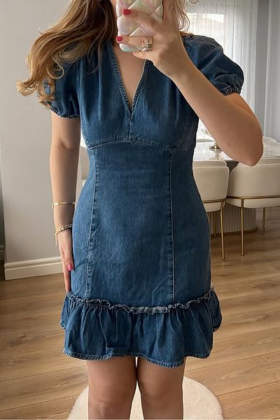 Neşeli Butik Women's Flywheel Skirt Puff Sleeve V-Neck Mini Denim Dress Nbnp006