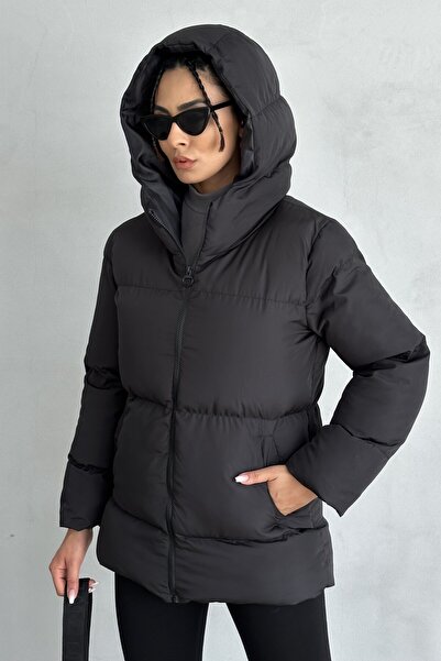 moda armanc Kadın Siyah Kapüşonlu Şişme Mont