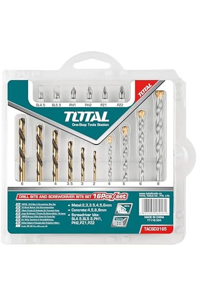 TOTAL 16 Pcs Drill Bits & Screwdriver Bits Set Tacsd3165