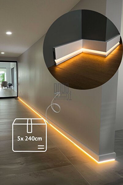TheAccentWall Ledli 10cm Süpürgelik,5 Adet 12m Beyaz Polimer, Suya Dayanıklı, Duvar Dekorasyonu Bir Boy 240 Cm