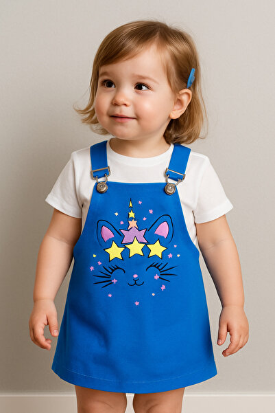 minikiss Kedicik Baskılı Gabardin Kumaş Ayarlı Askılı Kız Çocuk Jile Elbise