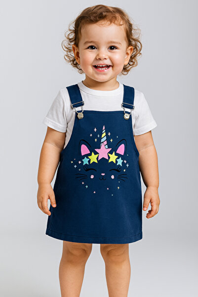 minikiss Kedicik Baskılı Gabardin Kumaş Ayarlı Askılı Kız Çocuk Jile Elbise