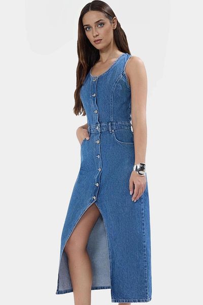 PayBuy Summer Denim Midi Dress Sleeveless Pool Collar 100 Cotton Casual Carefully Selected Durable Material