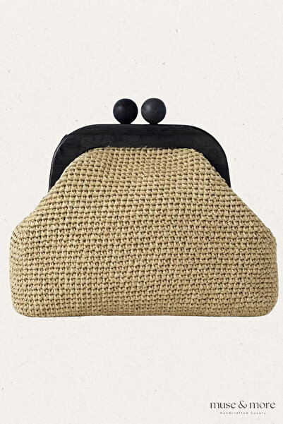 Muse&More ALBA CLUTCH (Noir) – El Örgüsü Hasır Clutch Çanta | Ahşap Klipsli/Z...