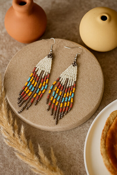 puffydik El Yapımı Renkli Boncuklu Etnik Tasarım Sallantılı Küpe