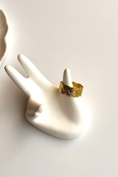 Radino Collection Women's Gold Braided Detailed Adjustable Steel Ring Does Not Tarnish