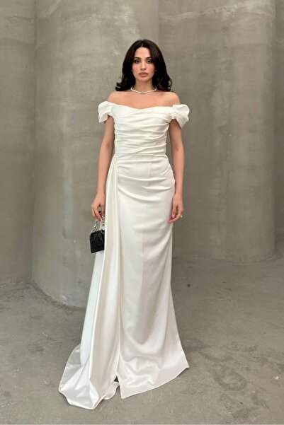 İyem Abiye Düşük Omuz Detay Kat Kat Saten Allerli Abiye Elbise Yarım Dar Kalıp