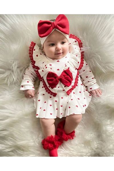 Pony Baby Red Lace Bow Girl's Romper Set Ecru-red