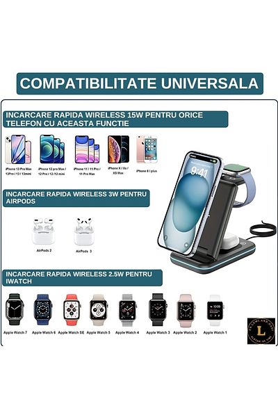 CR LUMI AND GABI Încărcător Pliabil Wireless 3 În 1, Iphone, Apple Watch, Încărcare Rapidă 15w, Lumină Ambientală