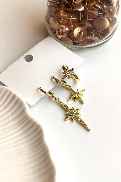 Radino Collection Zirkon Taşlı Kutup Yıldızı 3’lü Altın Kaplama Çelik Küpe Seti