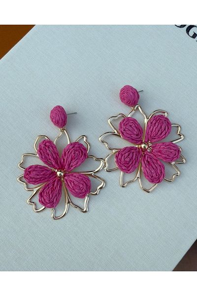 kems jewels Pink Flower Model Straw Steel Earrings