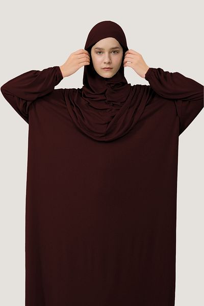 Mesa Charm Women's Hijab One Piece Organic Cotton Headscarf Plug and Play Prayer Dress Burgundy