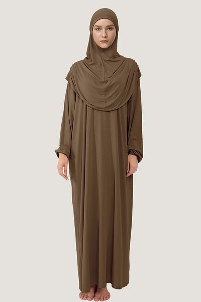 Mesa Charm Women's Hijab One Piece Organic Cotton Headscarf Plug and Play Prayer Dress Milky Brown