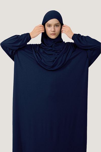 Mesa Charm Women's Hijab One Piece Organic Cotton Headscarf Plug and Pull Prayer Dress Navy Blue