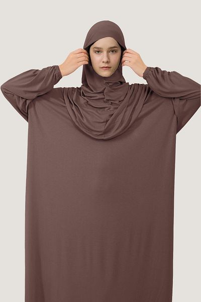 Mesa Charm Women's Hijab One Piece Organic Cotton Headscarf Plug and Play Prayer Dress Dusty Rose