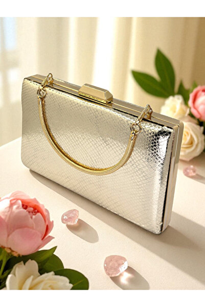 Biçanta Gold Gold Dore Color Snake Pattern Shiny Leather Women's Evening Dress Bag Wedding Engagement Graduation
