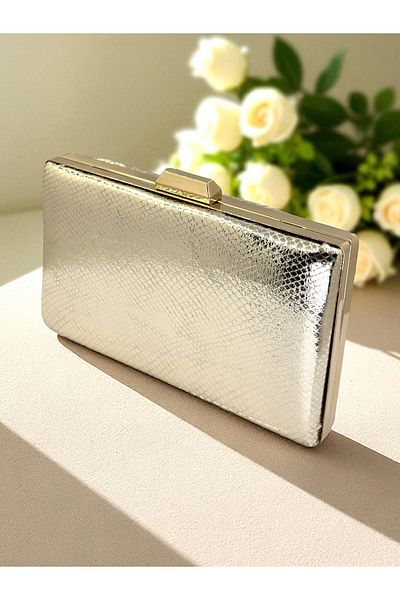 Biçanta Gold Gold Dore Color Snake Pattern Shiny Leather Women's Evening Dress Bag Wedding Engagement Graduation