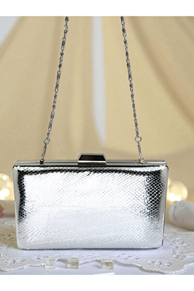 Biçanta Silver Gray Lame Color Snake Pattern Shiny Leather Women's Evening Dress Bag Wedding Engagement Graduation