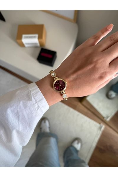 RoseandRoses Harrene Drop Stone New Season Thin Cord Women's Wristwatch Gold (Burgundy Dial)