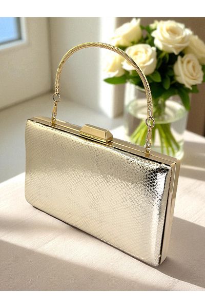 Biçanta Gold Gold Dore Color Snake Pattern Shiny Leather Women's Evening Dress Bag Wedding Engagement Graduation