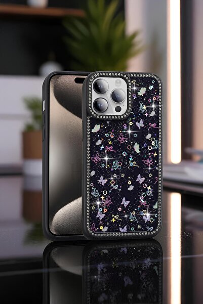 Hatreds Apple iPhone 14 Pro Max Kılıf Taşlı ve Simli Tasarım Azra Kapak