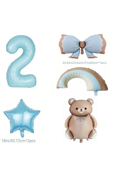 DÜVENCİ TİCARET Retro Blue Rainbow Bow Bear Foil Balloon Age Balloon Set