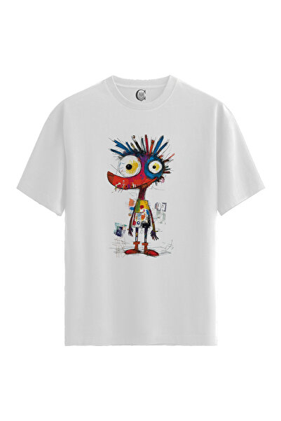 Color Luxe Women/Unisex White 100% Cotton Relaxed Fit Crew Neck Crazy Art Cus...