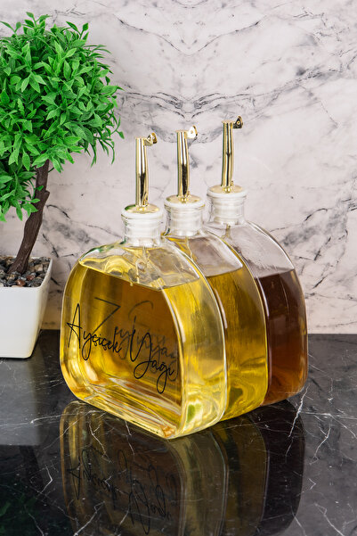 DNS HOME 3 Pieces Oval Glass Oil Pot with Label Gold Lid Sunflower Oil Olive Oil Vinegar Sauce Bowl 500 ml