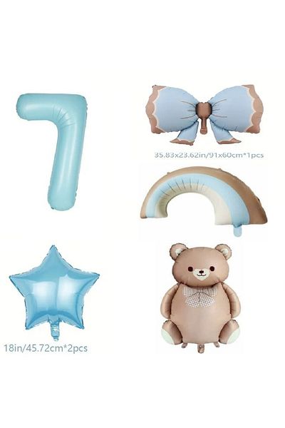 DÜVENCİ TİCARET Retro Blue Rainbow Bow Bear Foil Balloon Age Balloon Set