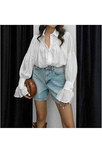 Hotfashion BEYAZ BÜZGÜ VE KOL DETAYLI PİNTEREST GÖMLEK