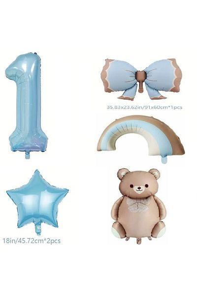 DÜVENCİ TİCARET Retro Blue Rainbow Bow Bear Foil Balloon Age Balloon Set