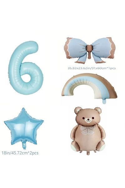 DÜVENCİ TİCARET Retro Blue Rainbow Bow Bear Foil Balloon Age Balloon Set