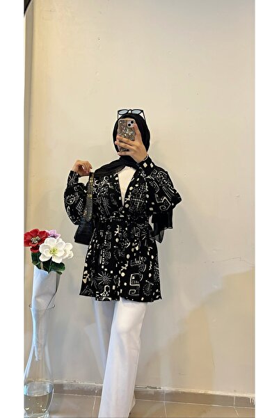 DİLEKBUTİK Μαύρο και άσπρο μοτίβο κιμονό με περιτύλιγμα