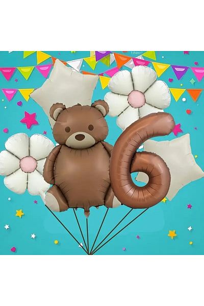 DÜVENCİ TİCARET 6Pcs Brown Bear Birthday Age Balloon Set