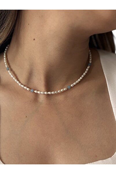 By Saadet Özkanlı Mavi kuvars taşlı 3 mm AA SIınıfı inci kolye tatlısu pirinç inci, çelik klips