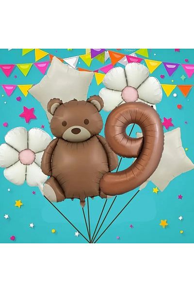 DÜVENCİ TİCARET 6Pcs Brown Bear Birthday Age Balloon Set
